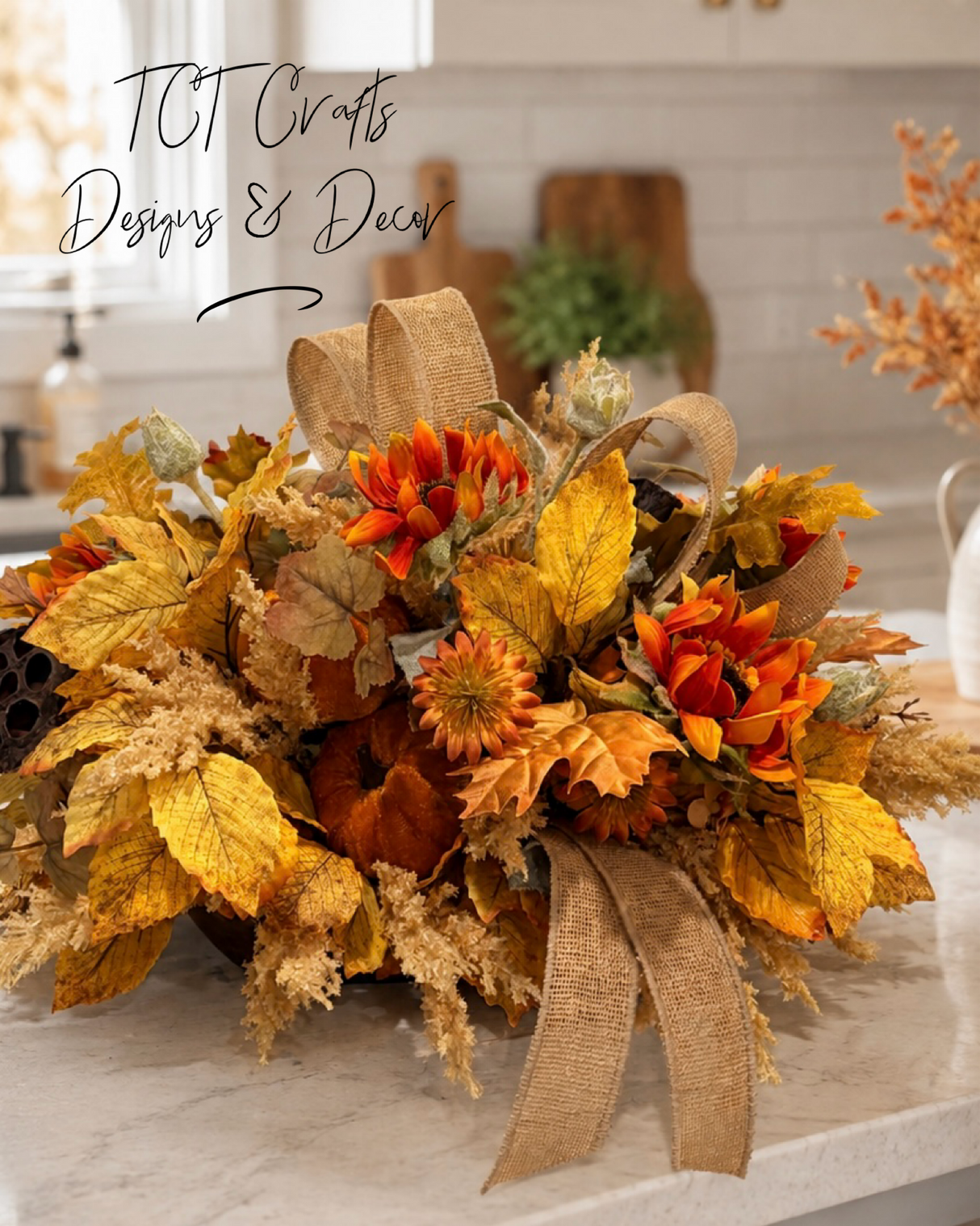 Fall Sunflower Centerpiece — 18 Inch Pumpkin Autumn Arrangement with Burlap Bow TCT Crafts