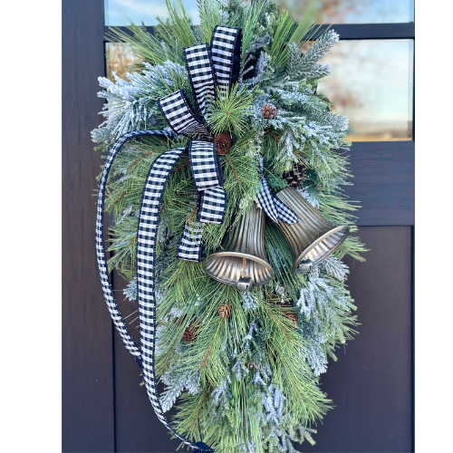 Farmhouse Buffalo Check Winter Swag with Bells | Rustic Christmas Door Decor | Large Greenery Holiday Swag 34"x16