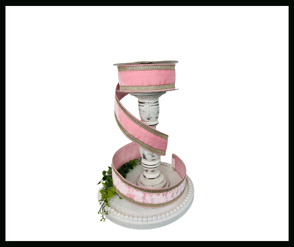 RK299-64 2.5 Inch Baby Pink Velvet Farrisilk Wired Ribbon Trimmed with Platinum Pleated Borders - Luxurious for Home Décor, Wreath Making Farrisilk