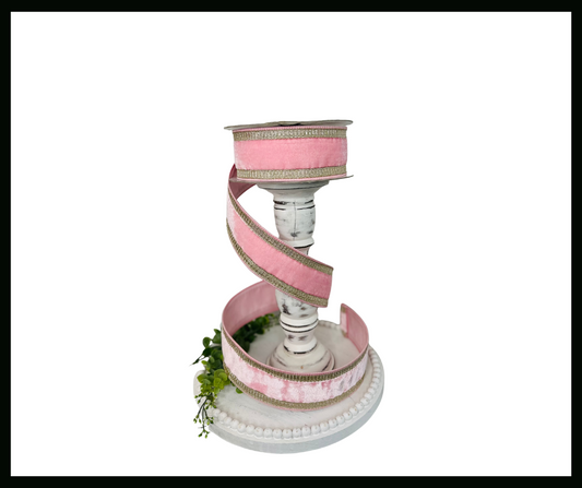 RK299-64 2.5 Inch Baby Pink Velvet Farrisilk Wired Ribbon Trimmed with Platinum Pleated Borders - Luxurious for Home Décor, Wreath Making Farrisilk