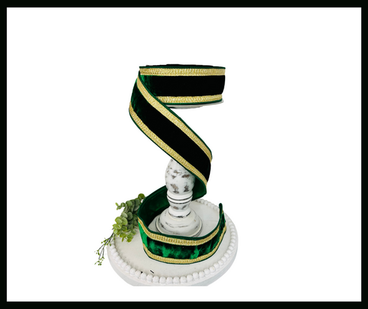 RK299-55 2.5 Inch Emerald Green Velvet Farrisilk Wired Ribbon Trimmed with Gold Pleated Borders - Luxurious for Home Décor, Wreath Making Farrisilk