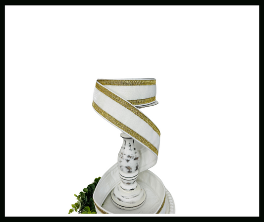 RK299-84 2.5 Inch White Velvet Farrisilk Wired Ribbon Trimmed with Gold Pleated Borders - Luxurious for Home Décor, Wreath Making Farrisilk