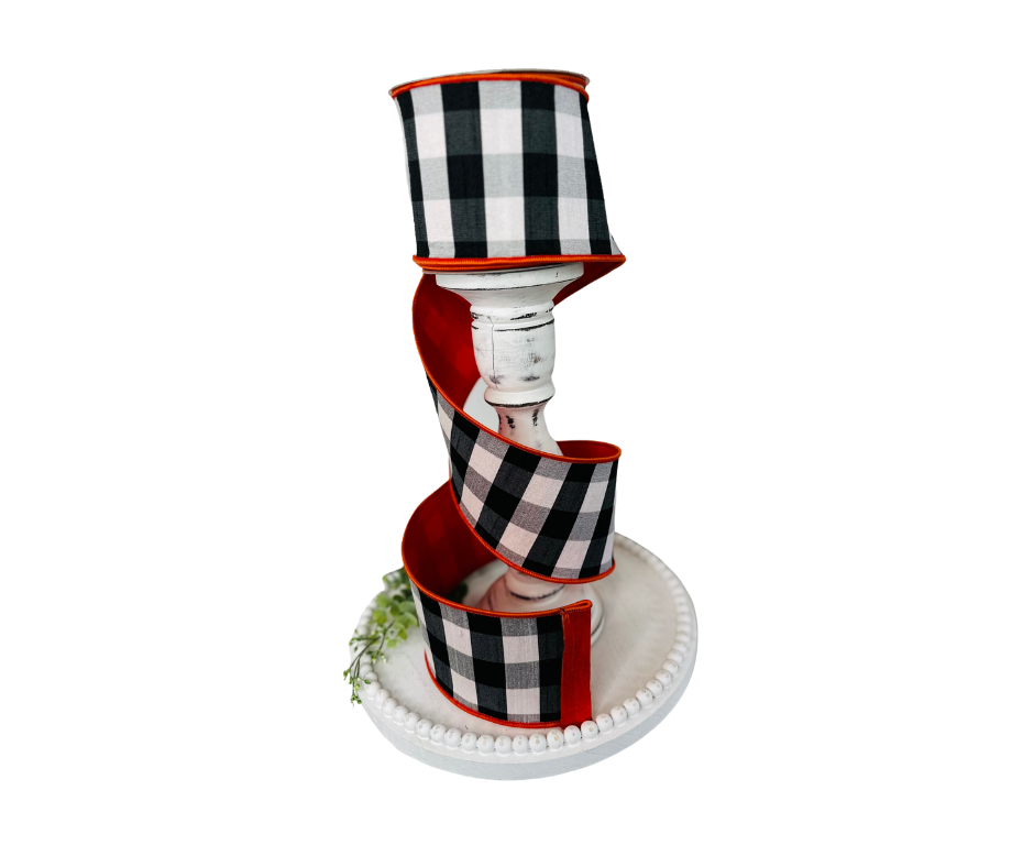 RG185-52 Designer Farrisilk Wired Ribbon, 4 inch, Orange & Black Check Pattern Farrisilk
