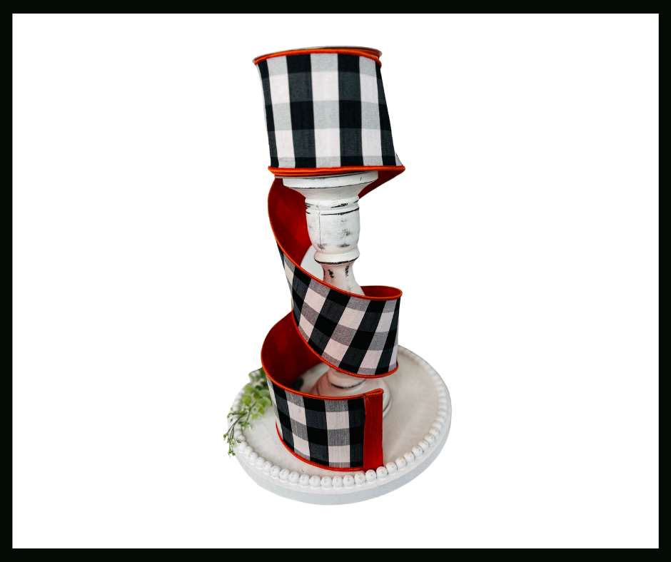 RG185-52 Designer Farrisilk Wired Ribbon, 4 inch, Orange & Black Check Pattern