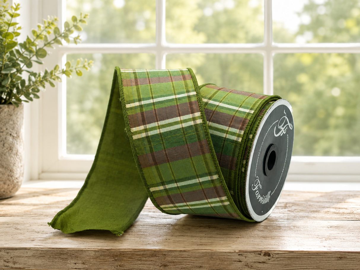 Farrisilk Sherwood Plaid Wired Ribbon — 2.5 Inch Olive Green Plaid Designer Ribbon -RK393-76 Farrisilk