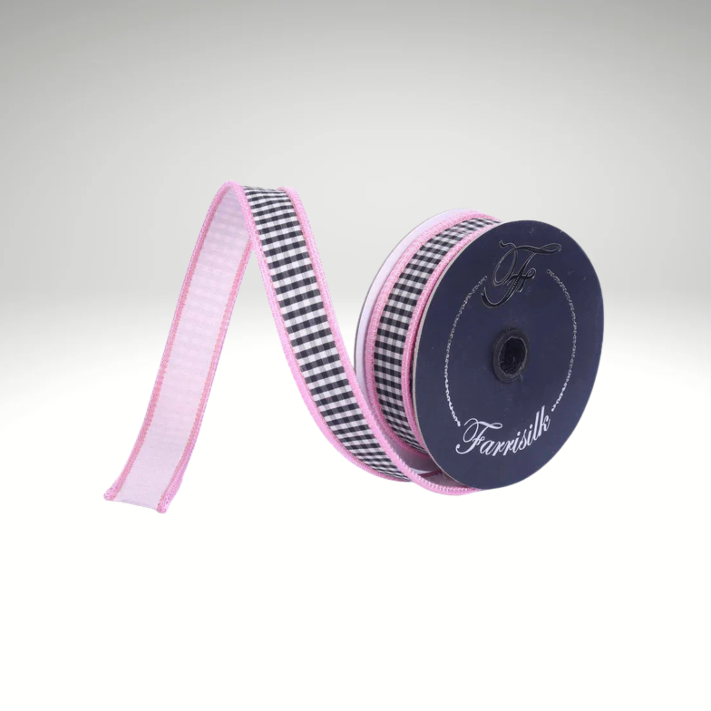 Farrisilk Pink Black Check Wired Ribbon 1 Inch Colorblock-SR168-14 Farrisilk