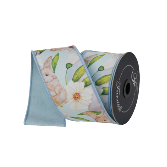 2.5” x 10yd Easter Bunny Wired Ribbon – Farrisilk Spring Light Blue Ribbon for Wreaths & Crafts-SR024-16