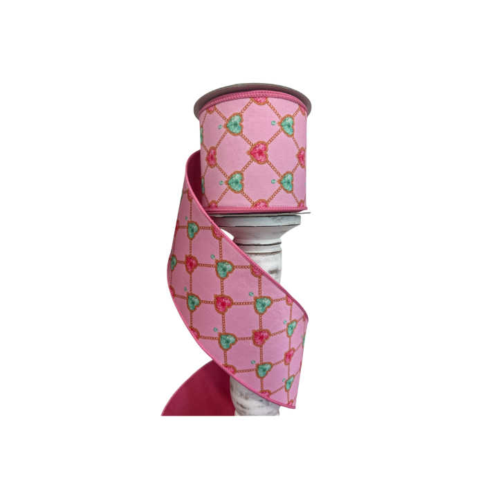 4"x10yd Pink Jewel Pendant Lattice Wired Ribbon – Valentine’s Day Glam Ribbon -SR027-14