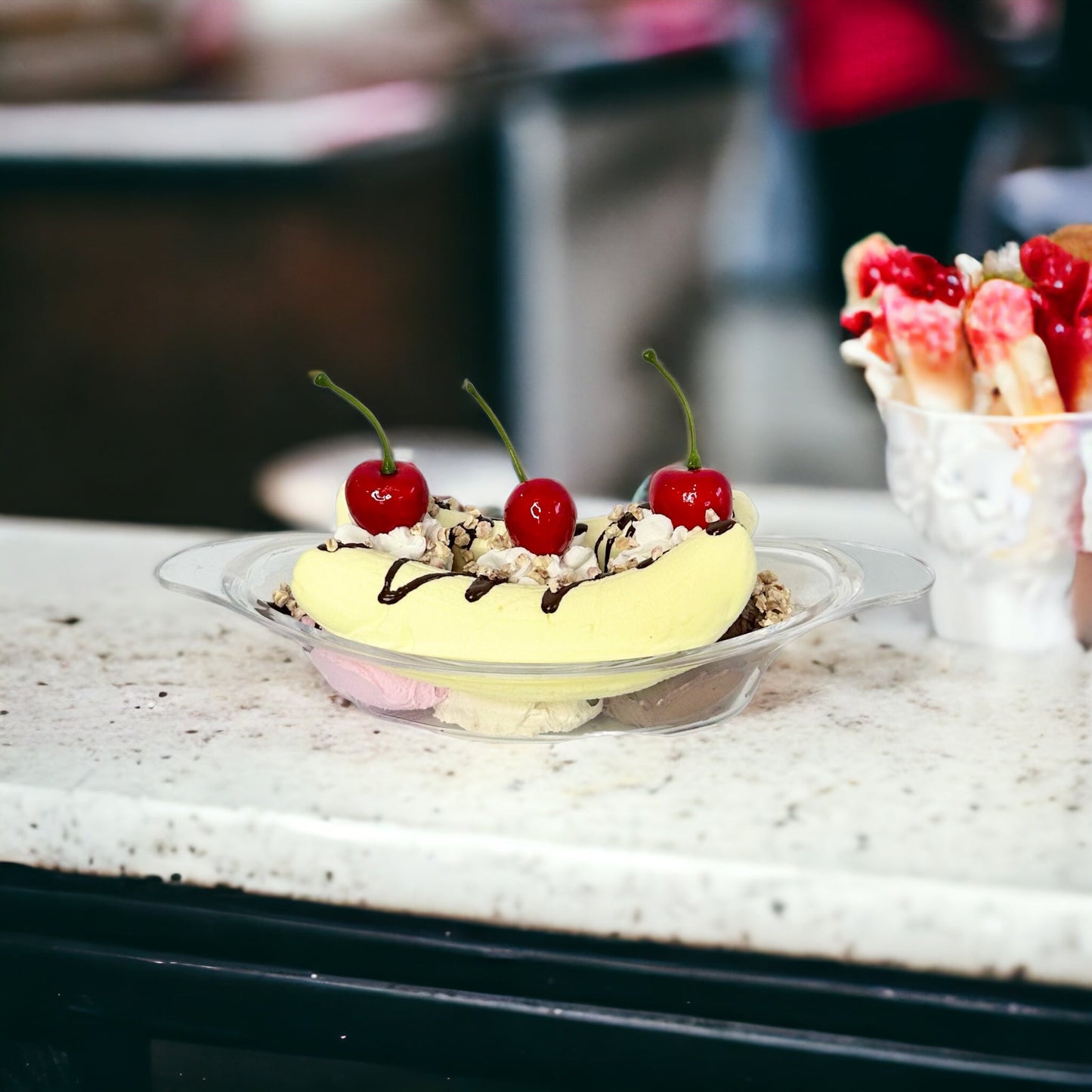 Faux Banana Split Ice Cream Display - Kitchen Decor, Photography Props, Movie Props- Non-Edible Decorative Prop - TCT Crafts