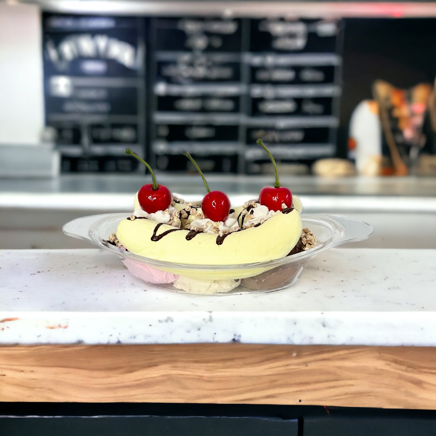 Faux Banana Split Ice Cream Display - Kitchen Decor, Photography Props, Movie Props- Non-Edible Decorative Prop - TCT Crafts