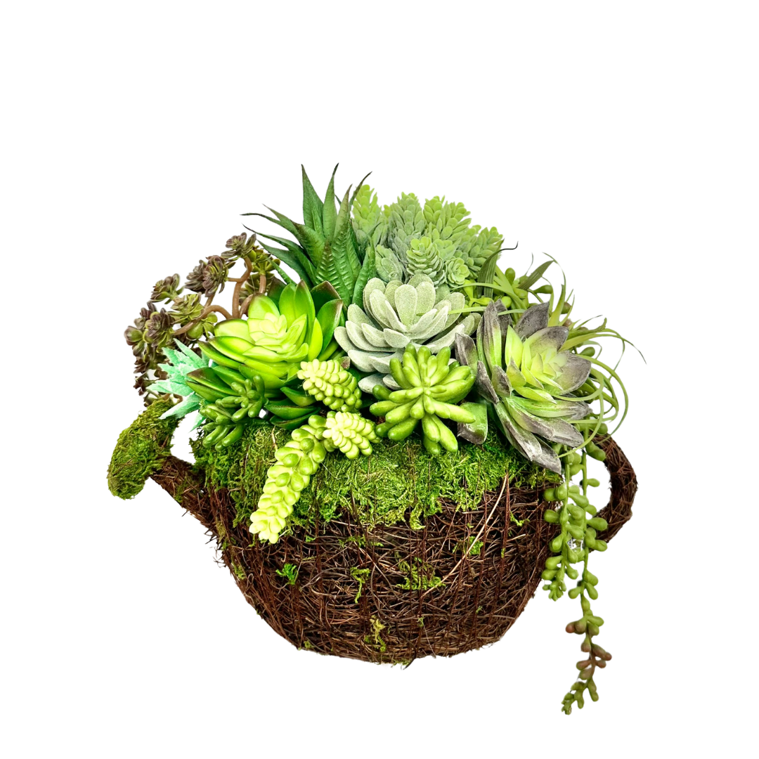 Faux Succulent Arrangement in Grapevine/Moss Watering Can Planter | 12x12 Inches | Indoor Greenery Decor for Home or Office I TCT Crafts