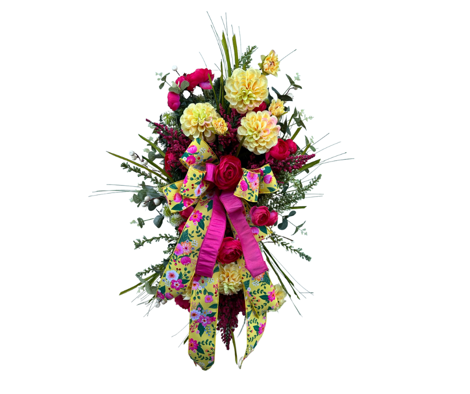 Pink and Yellow Floral Door Swag", Door Hanger with Berry Sprays, Pine Teardrop Base Door Swag, Artificial Greenery Decor-TCT1511