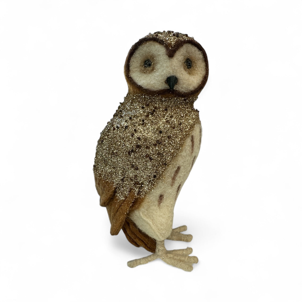 9.25" Jeweled Owl Figurine – Brown Felt Foam with Gold Glitter-226416 Direct Export