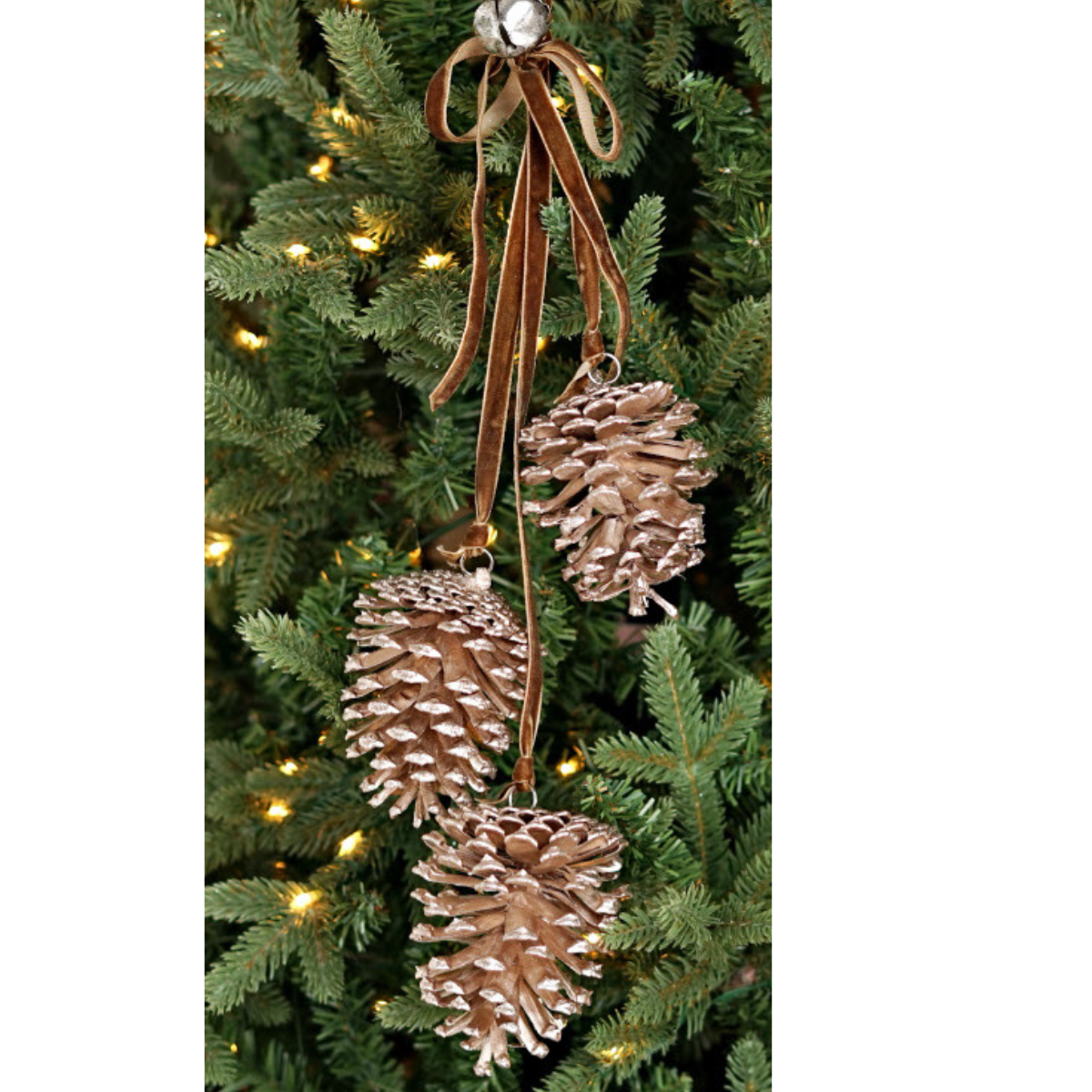 Glittered Pinecone Trio Cluster | Champagne/Taupe Ornament with Bell | 19" Cluster Impressive Enterprises, Inc.