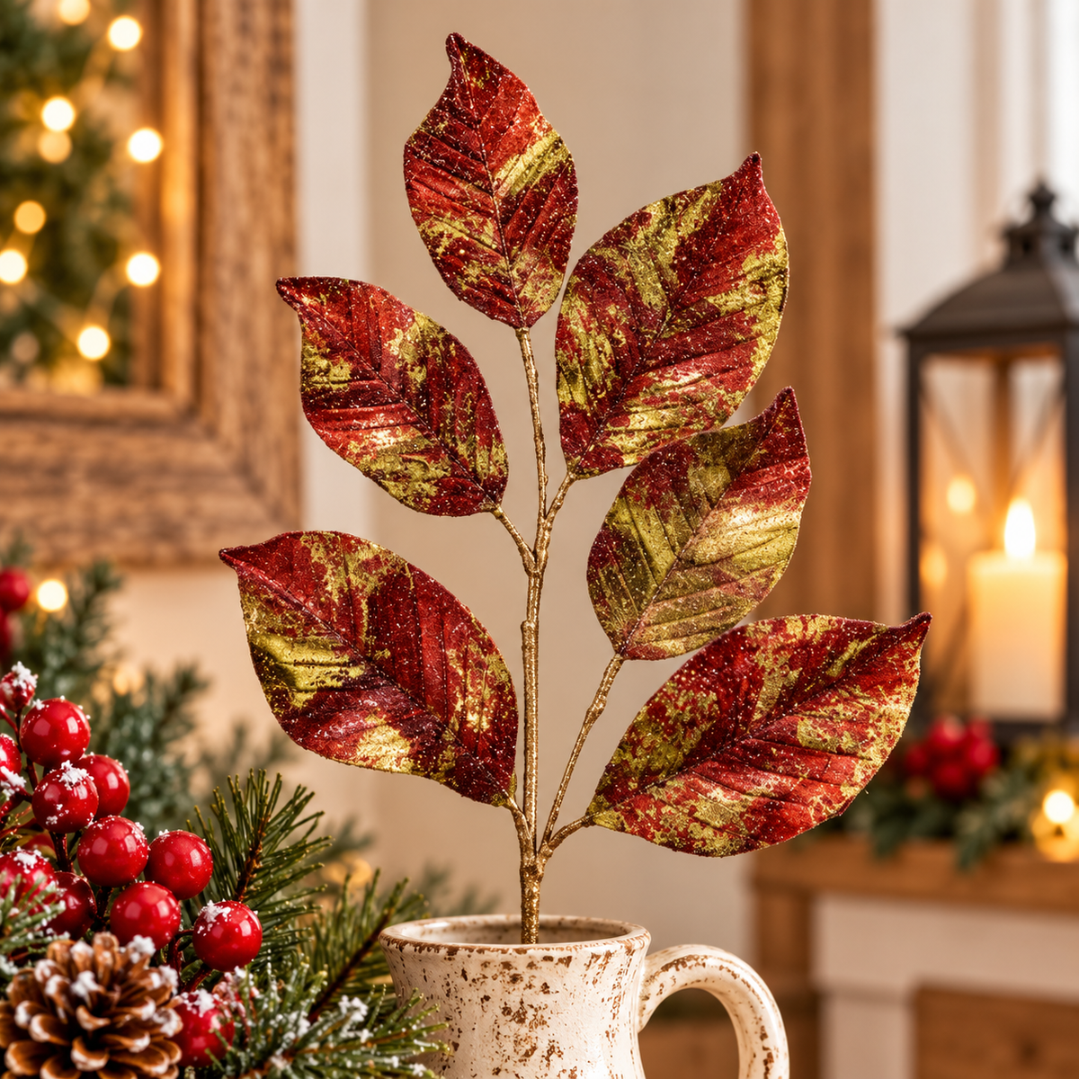 Gold Red Magnolia Leaf Spray 25"-MTX78131 Regency