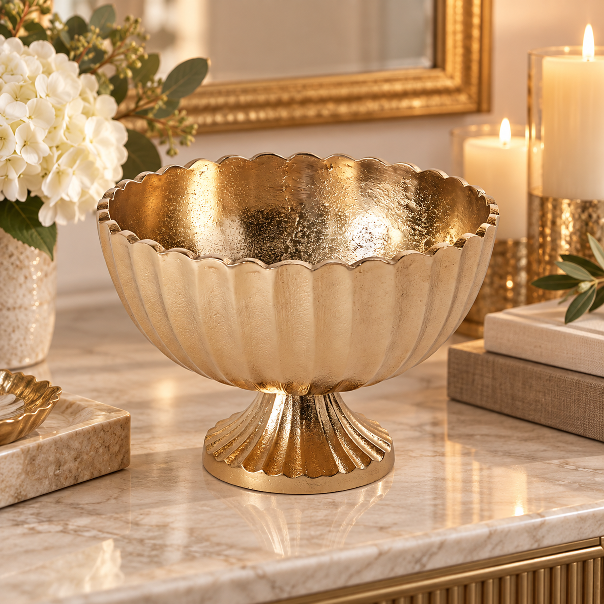 Gold Scallop Metal Compote 8.5"-73351-00 Pioneer Imports