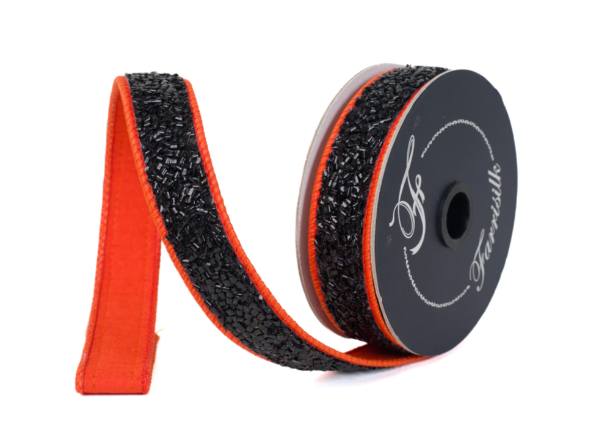 Halloween Wired Ribbon – 1” x 10YD Farrisilk Orange and Black Creepy Fuzz Roll-HR036-87 Farrisilk
