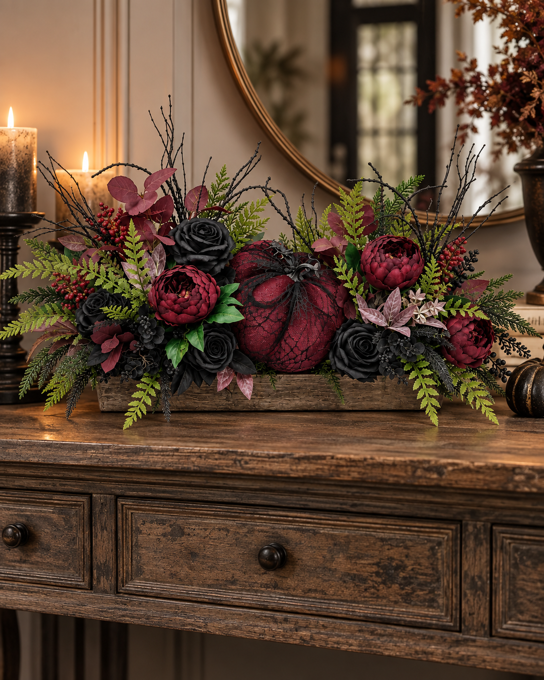 Gothic Glam Halloween Centerpiece | Burgundy and Black Rose Table Display TCT Crafts