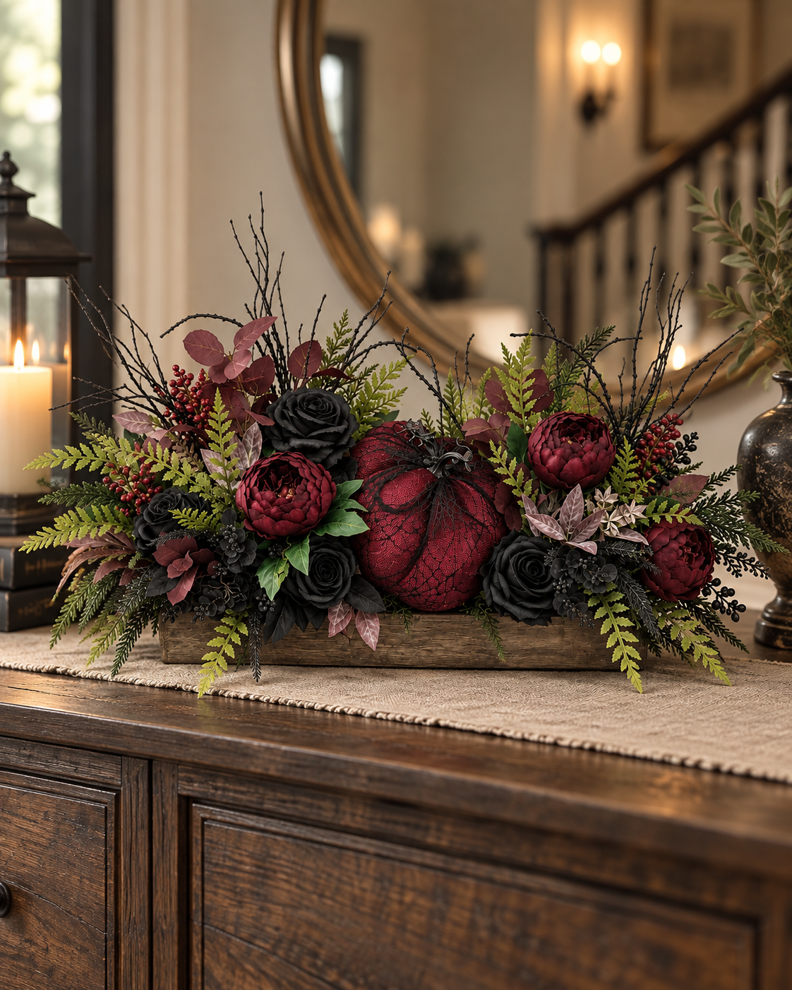 Gothic Glam Halloween Centerpiece | Burgundy and Black Rose Table Display TCT Crafts