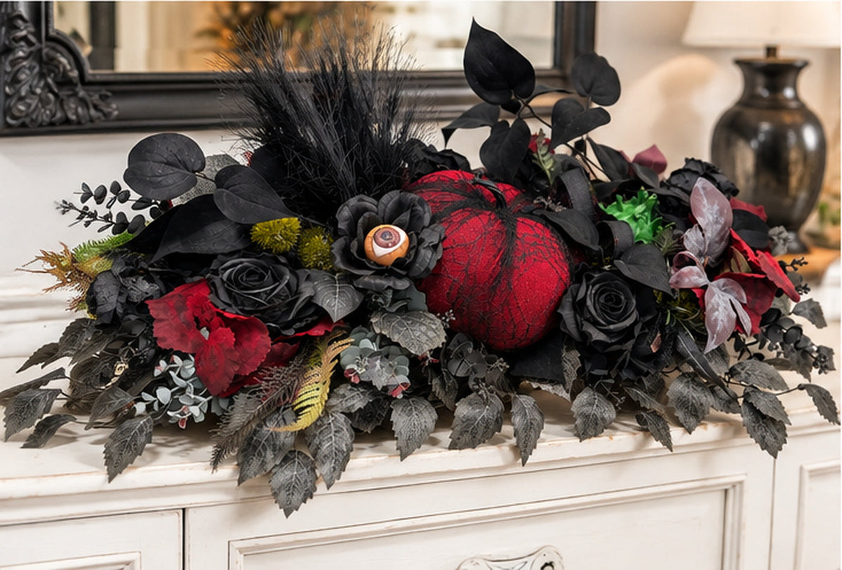 Gothic Halloween Centerpiece | Black Rose Spider Pumpkin Arrangement | 30"Lx15"W-2196 TCT Crafts Designs & Decor