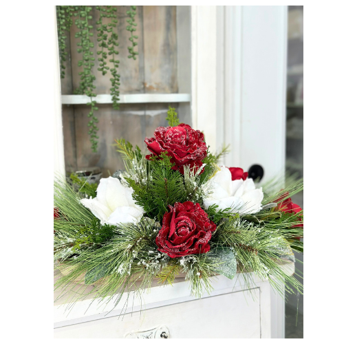 Elegant Frosted Rose & Magnolia Holiday Centerpiece Arrangement - 25x16" Luxury Seasonal Decor for Table - High End Arrangement