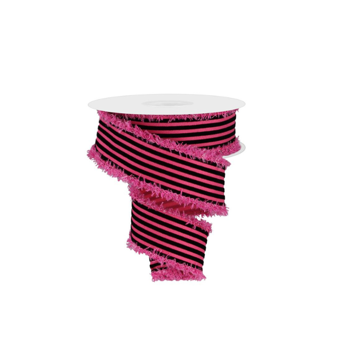 1.5"x10yd Hot Pink & Black Velvet Wired Ribbon – Vertical Stripes with Drift Edge for Crafts(RGA871811)