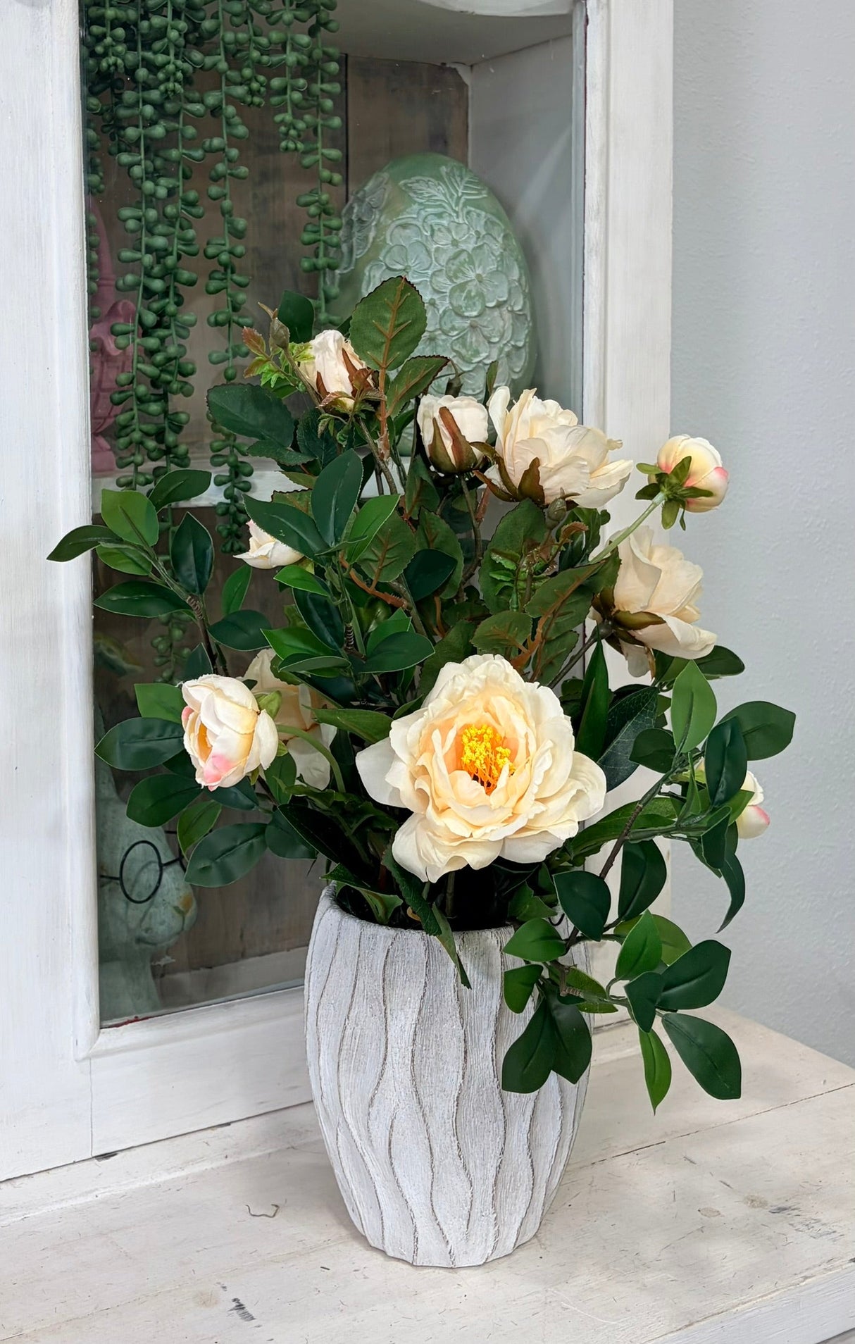 Artificial Cream Rose Arrangement in Cement Planter TCT Crafts