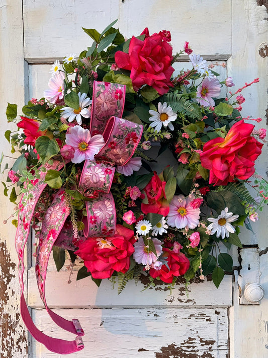 Spring Wildflower Grapevine Wreath with Pink Roses | Front Door Wreath TCT Crafts
