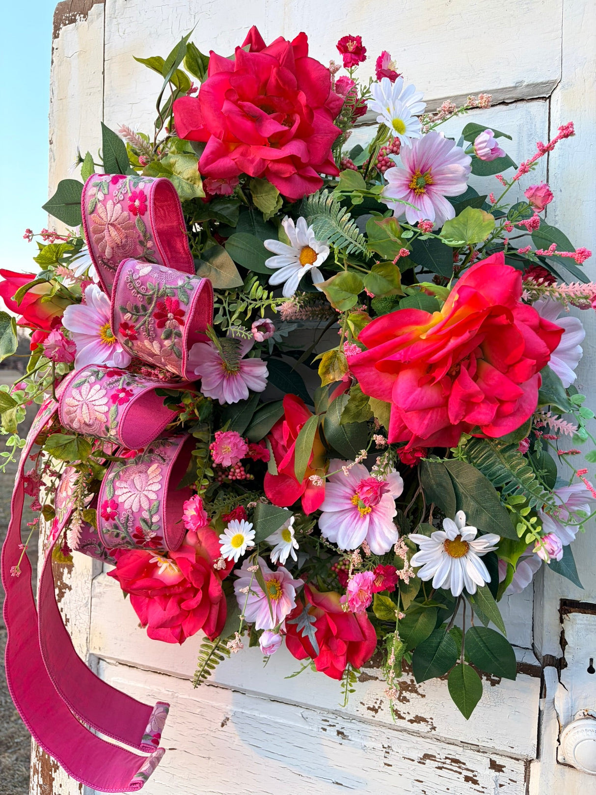 Spring Wildflower Grapevine Wreath with Pink Roses | Front Door Wreath TCT Crafts