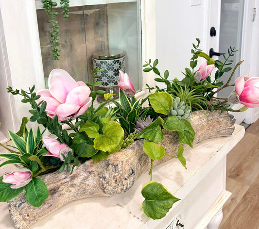 Pink Magnolia Centerpiece Driftwood Planters Spring Table Decor TCT Crafts