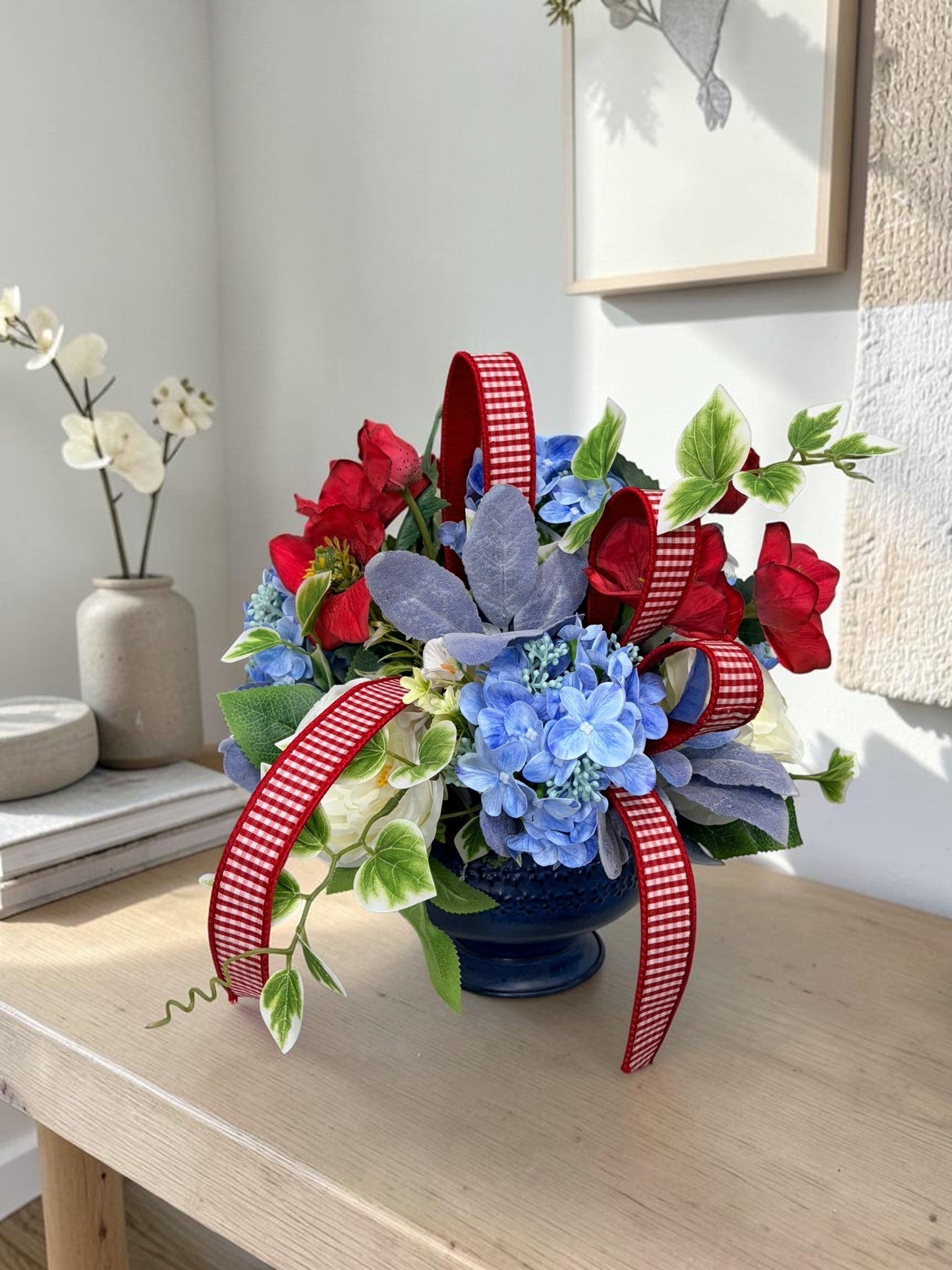 Patriotic Floral Centerpiece in Blue Compote for Summer Home Decor TCT Crafts