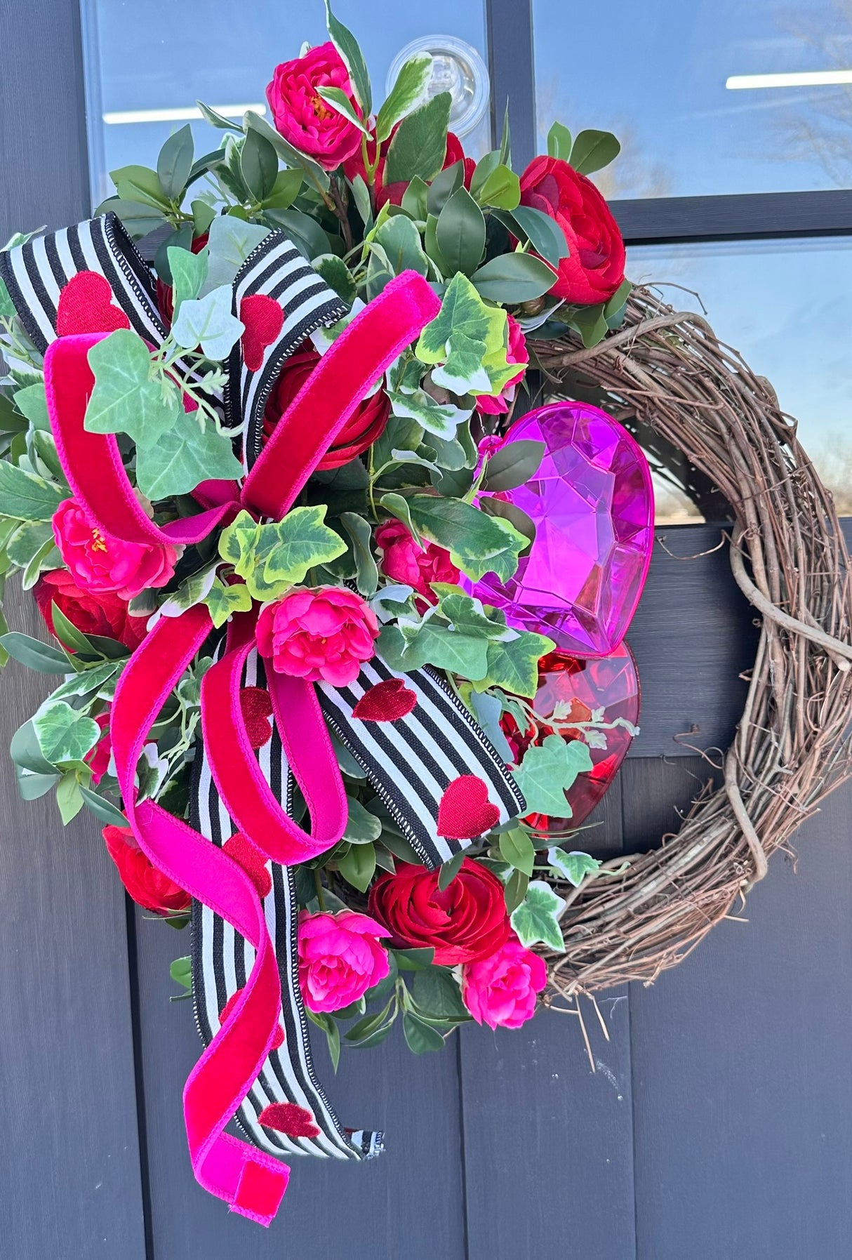 Valentine’s Day Floral Grapevine Wreath - 23"x20" Jewel Heart Accents