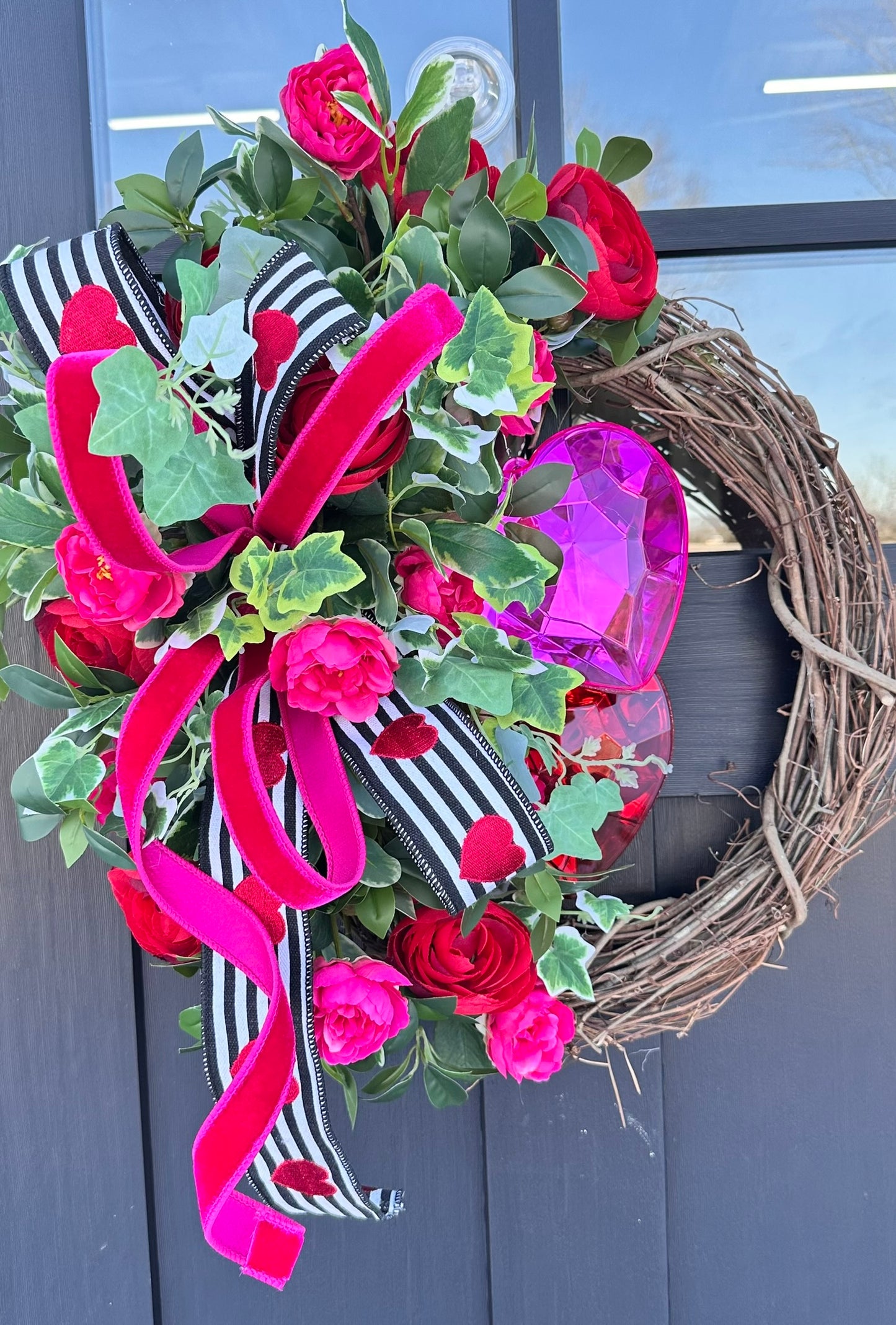 Valentine’s Day Floral Grapevine Wreath - 23"x20" Jewel Heart Accents