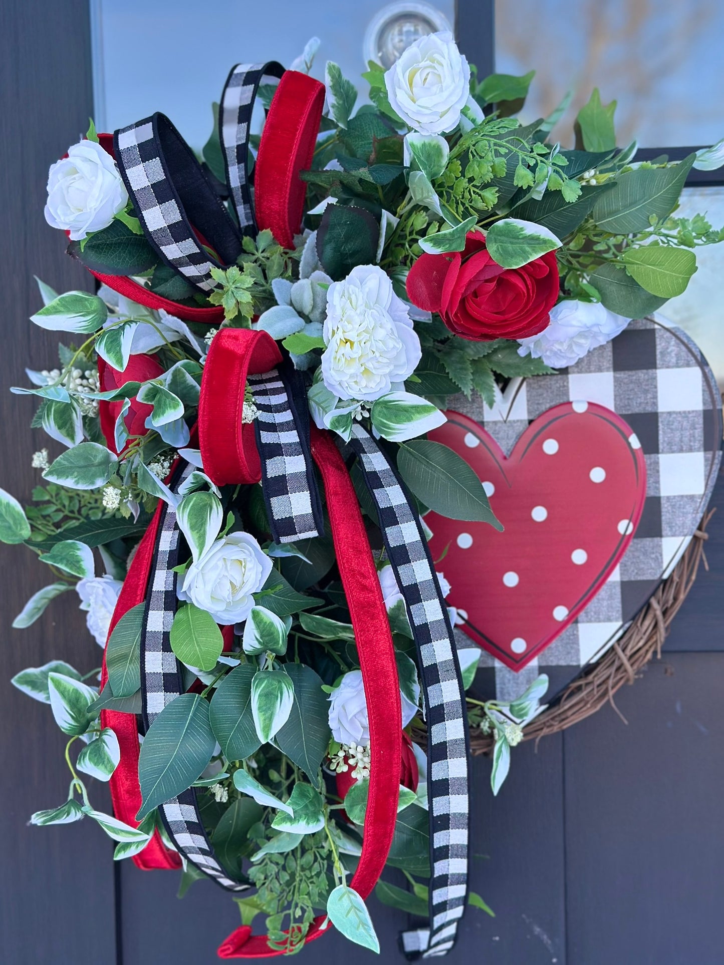 Rustic Valentine's Day Heart Grapevine Wreath | Red & White Floral Door Decor