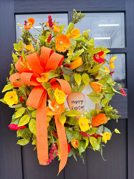 Large Easter Wreath for Front Door | Orange & Yellow Poppy Grapevine Wreath with Carrots and Bow TCT Crafts