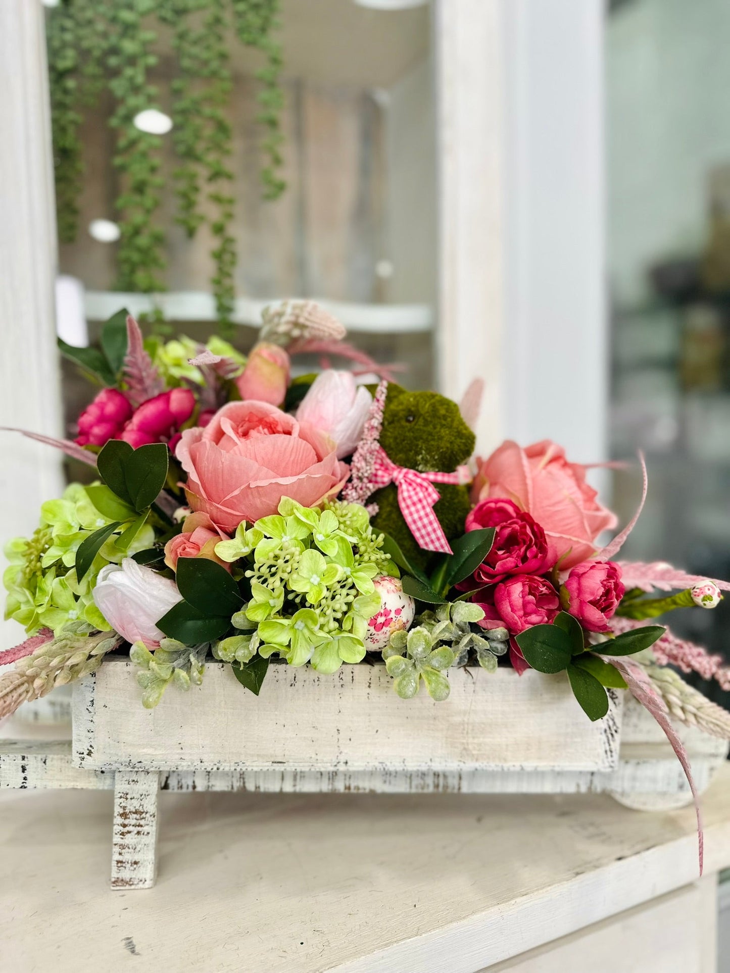 ustic Easter Floral Centerpiece with Moss Bunny and Pink Roses | Spring Table Décor