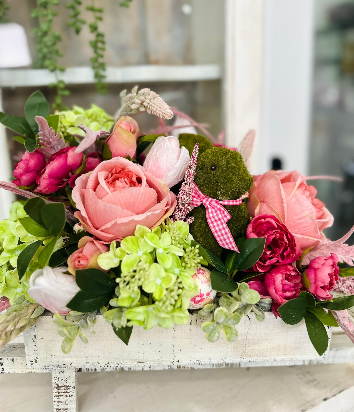 ustic Easter Floral Centerpiece with Moss Bunny and Pink Roses | Spring Table Décor