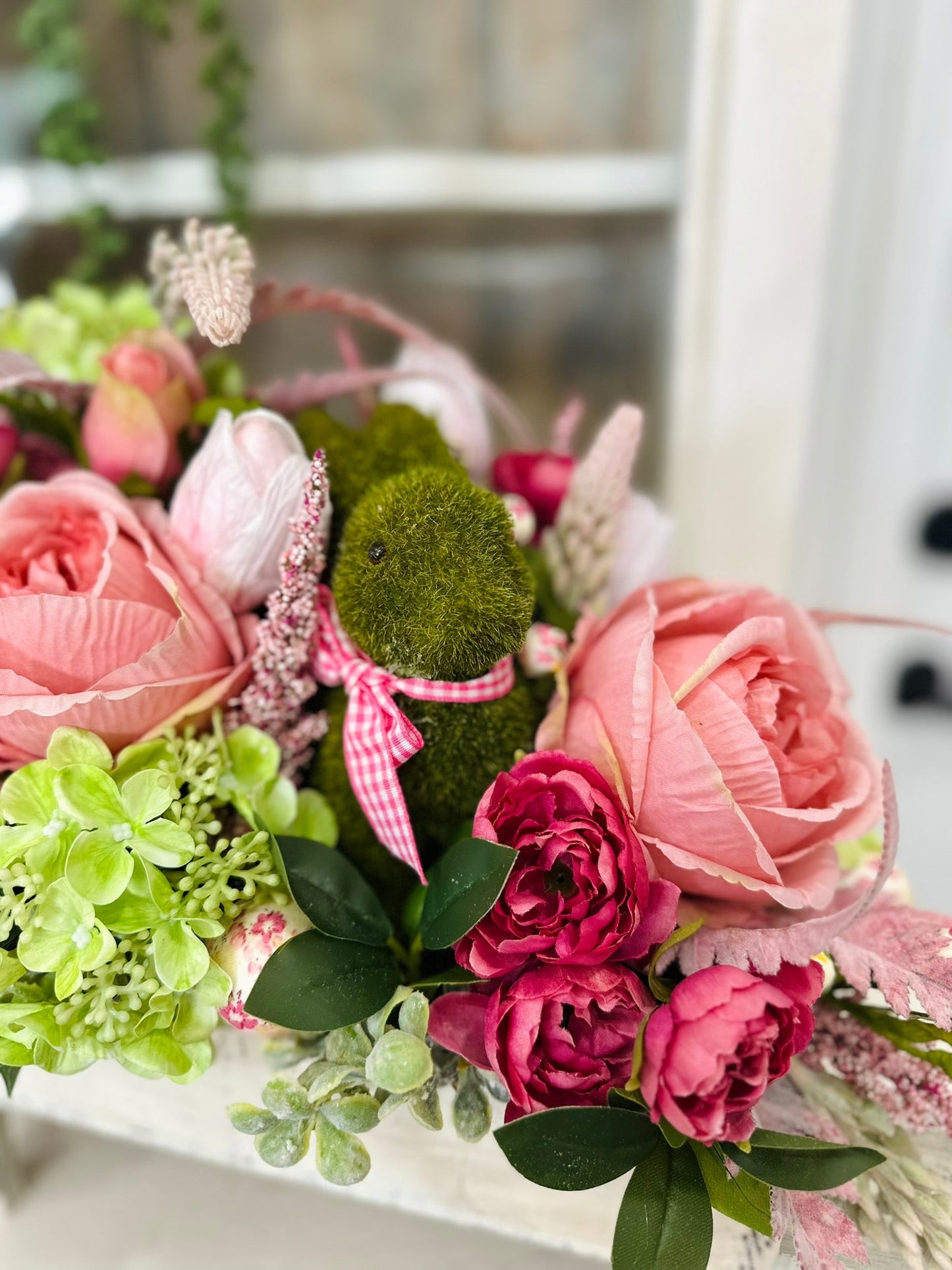 ustic Easter Floral Centerpiece with Moss Bunny and Pink Roses | Spring Table Décor