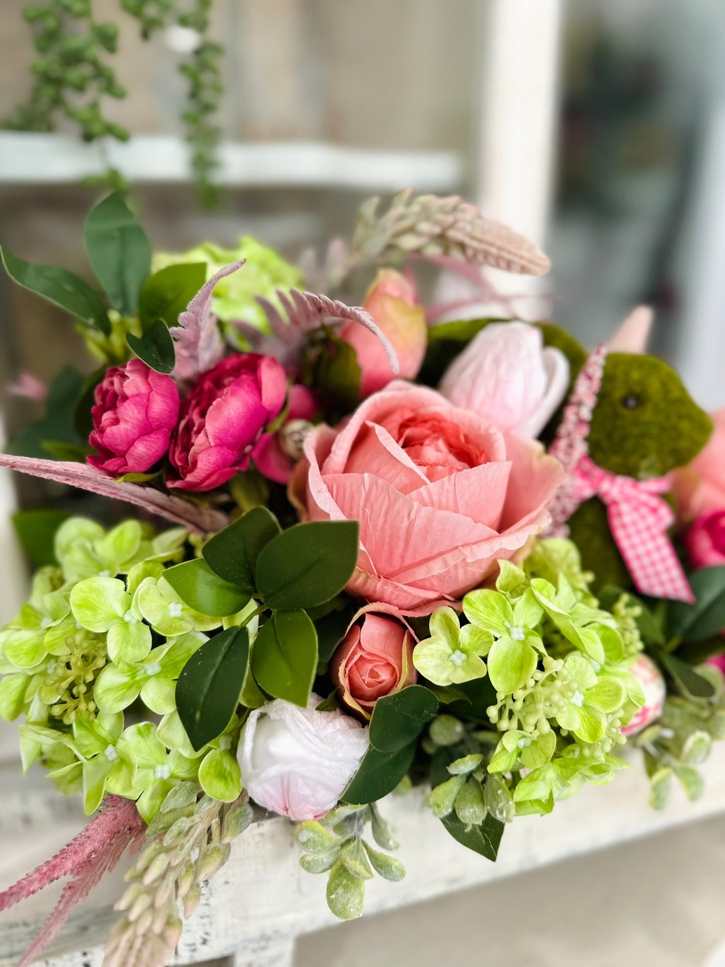 ustic Easter Floral Centerpiece with Moss Bunny and Pink Roses | Spring Table Décor
