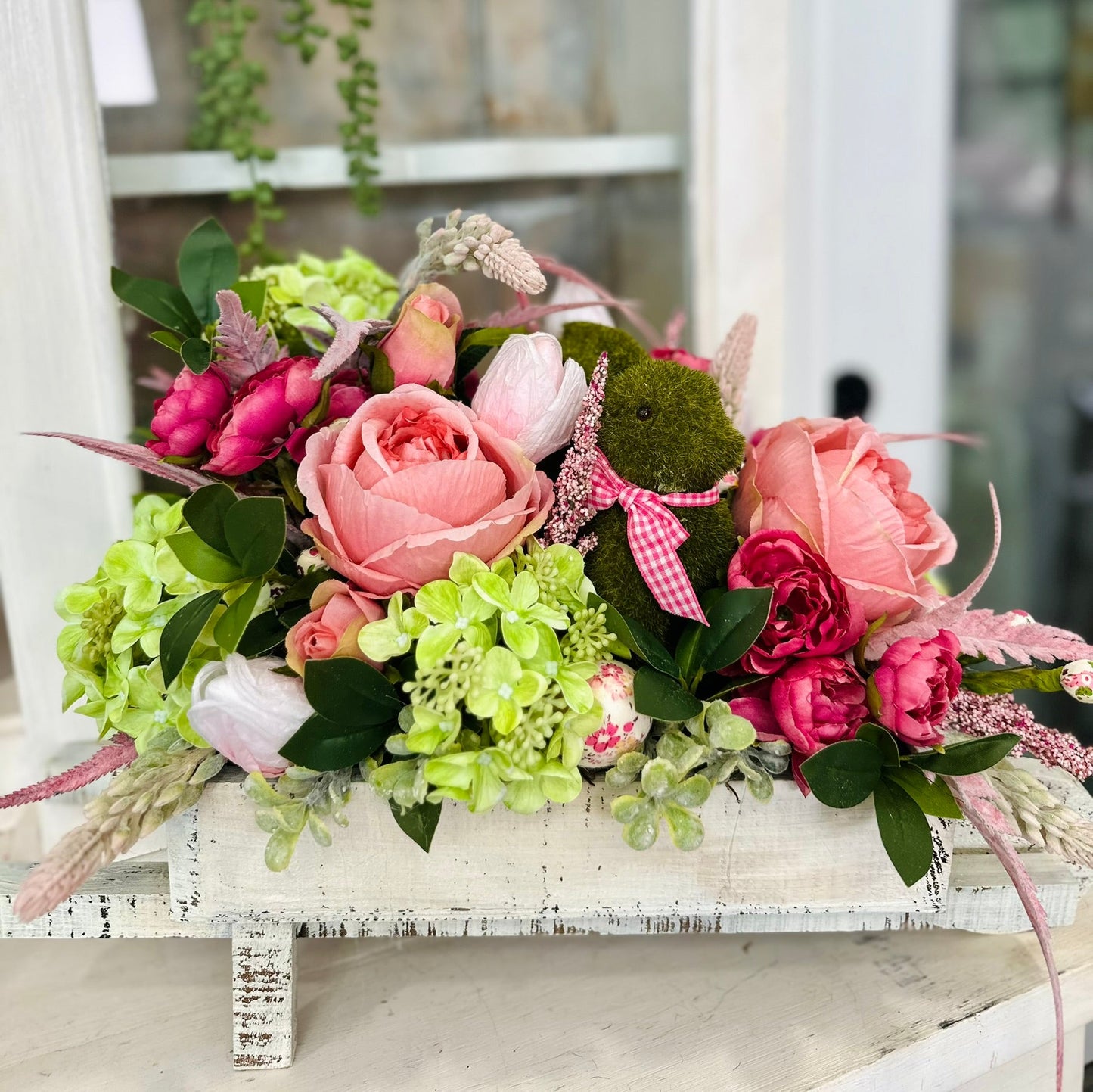 ustic Easter Floral Centerpiece with Moss Bunny and Pink Roses | Spring Table Décor