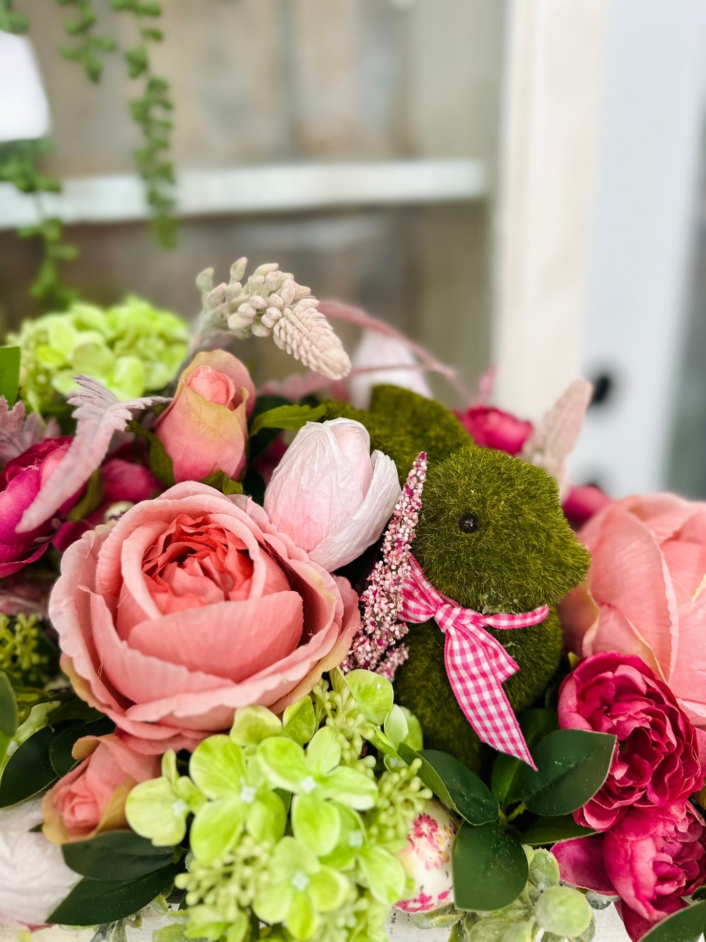ustic Easter Floral Centerpiece with Moss Bunny and Pink Roses | Spring Table Décor