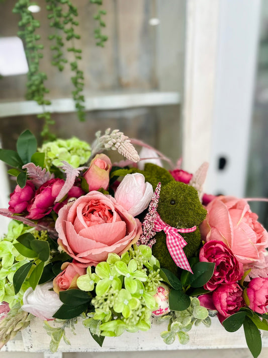 ustic Easter Floral Centerpiece with Moss Bunny and Pink Roses | Spring Table Décor TCT Crafts