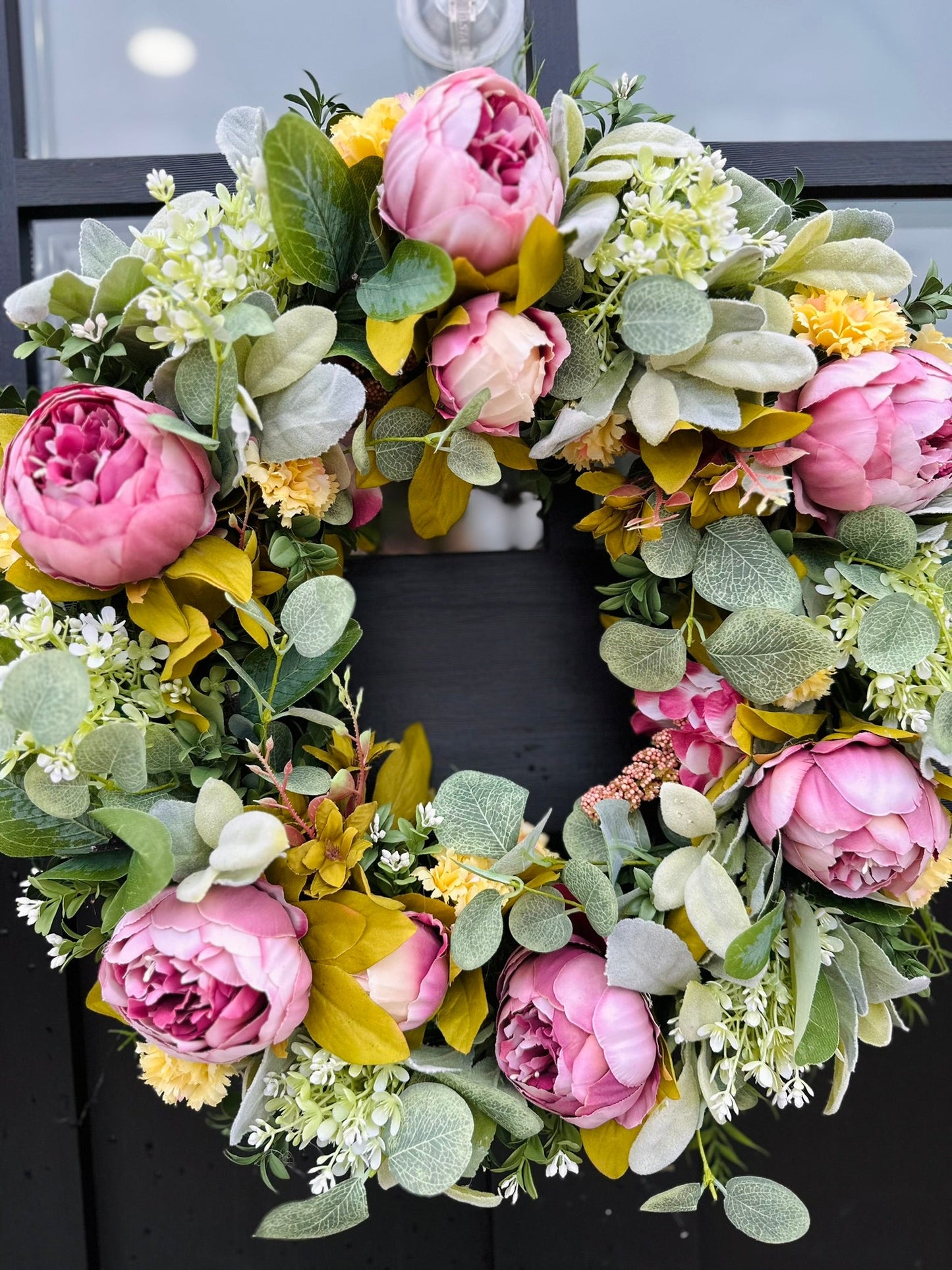 Spring Peony Wreath | 20" Floral Wreath with Greenery & Moss Base | Front Door Decor