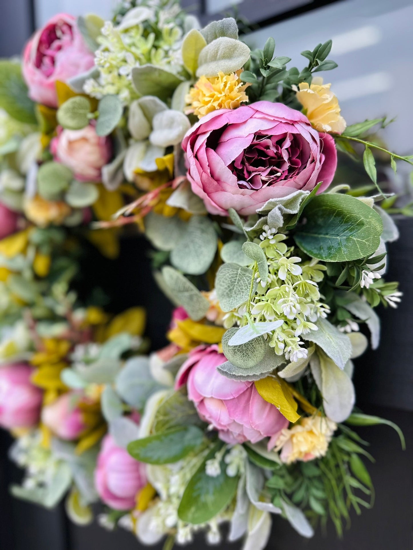 Spring Peony Wreath | 20" Floral Wreath with Greenery & Moss Base | Front Door Decor