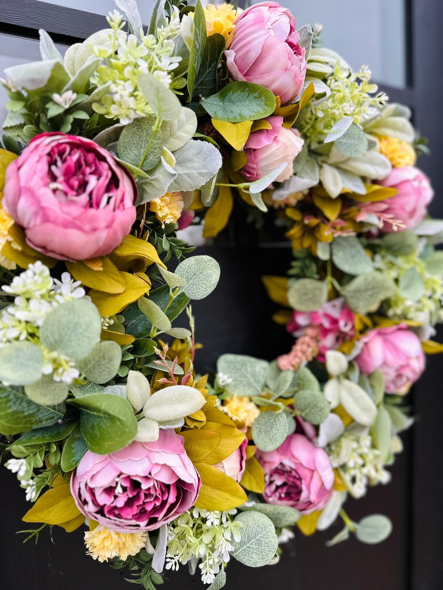 Spring Peony Wreath | 20" Floral Wreath with Greenery & Moss Base | Front Door Decor