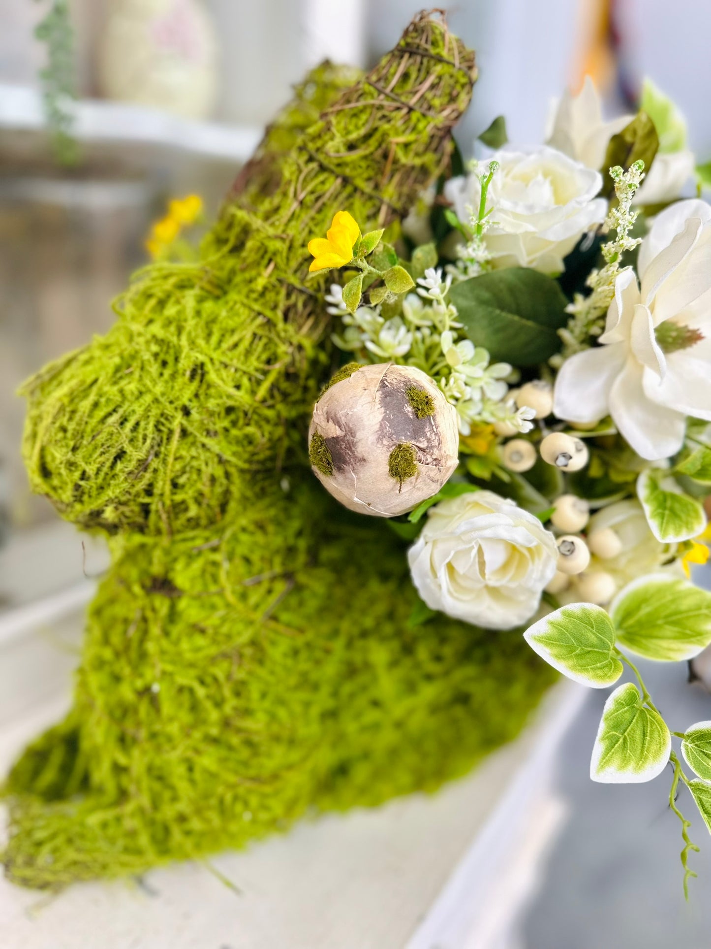 Moss Bunny Floral Arrangement | Easter Bunny Planter with Magnolia & Wildflowers | Spring Centerpiece Décor