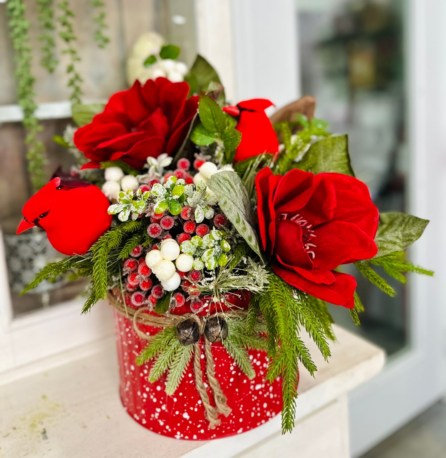 Red Cardinal Holiday Floral Arrangement – 21"x21" Red and Green Winter Christmas Centerpiece
