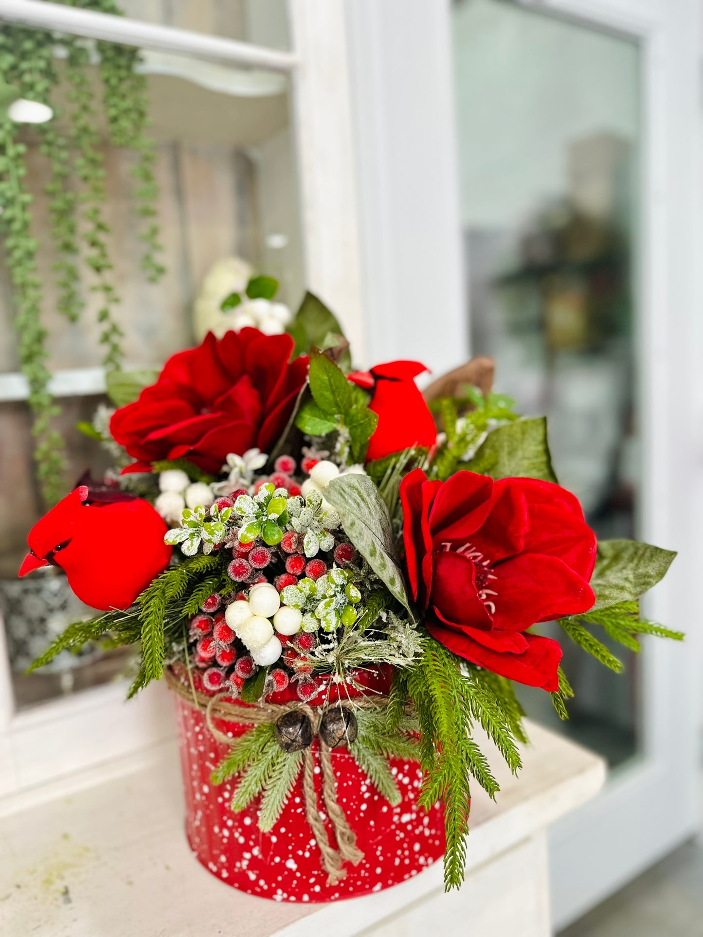 Red Cardinal Holiday Floral Arrangement – 21"x21" Red and Green Winter Christmas Centerpiece