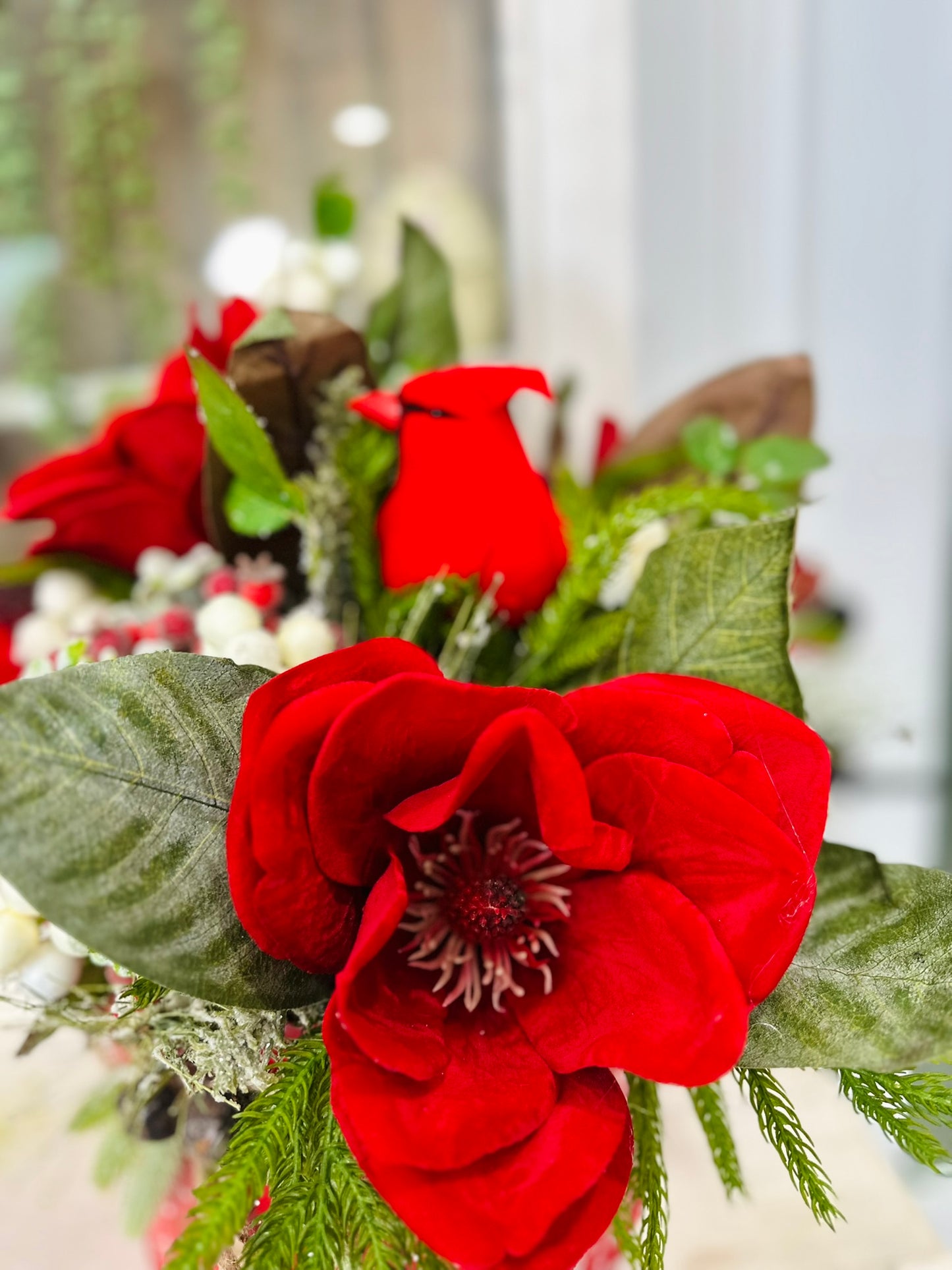 Red Cardinal Holiday Floral Arrangement – 21"x21" Red and Green Winter Christmas Centerpiece