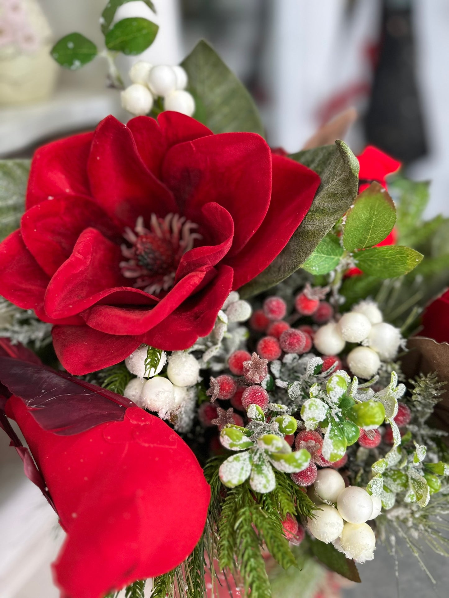 Red Cardinal Holiday Floral Arrangement – 21"x21" Red and Green Winter Christmas Centerpiece